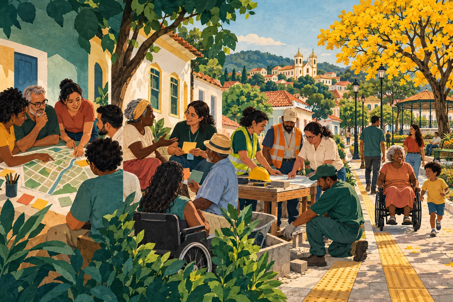 Ilustração conecta planejamento, escuta dos moradores, coordenação de equipes e melhoria de uma praça e calçada acessível.